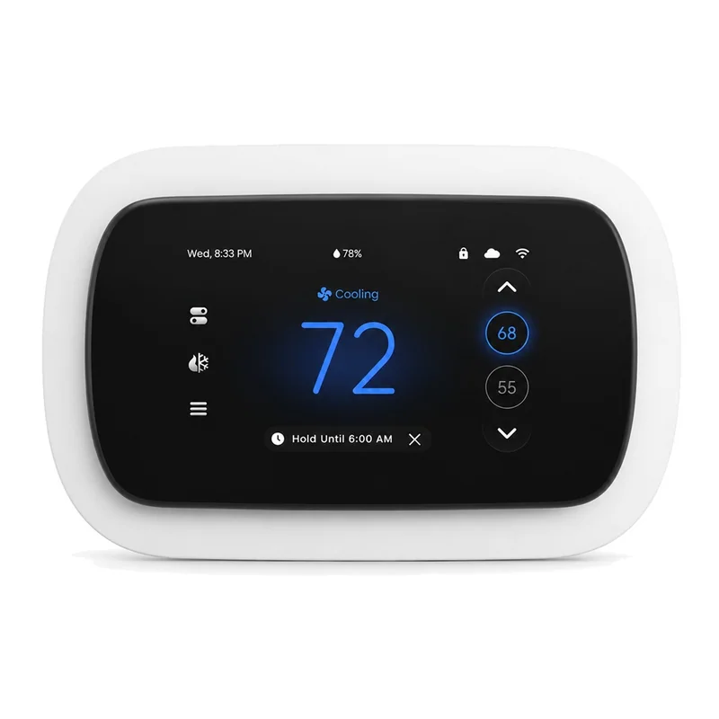 PCT533-W-TY WiFi thermostat on a white background, black LCD showing 72 and Cooling with arrow keys