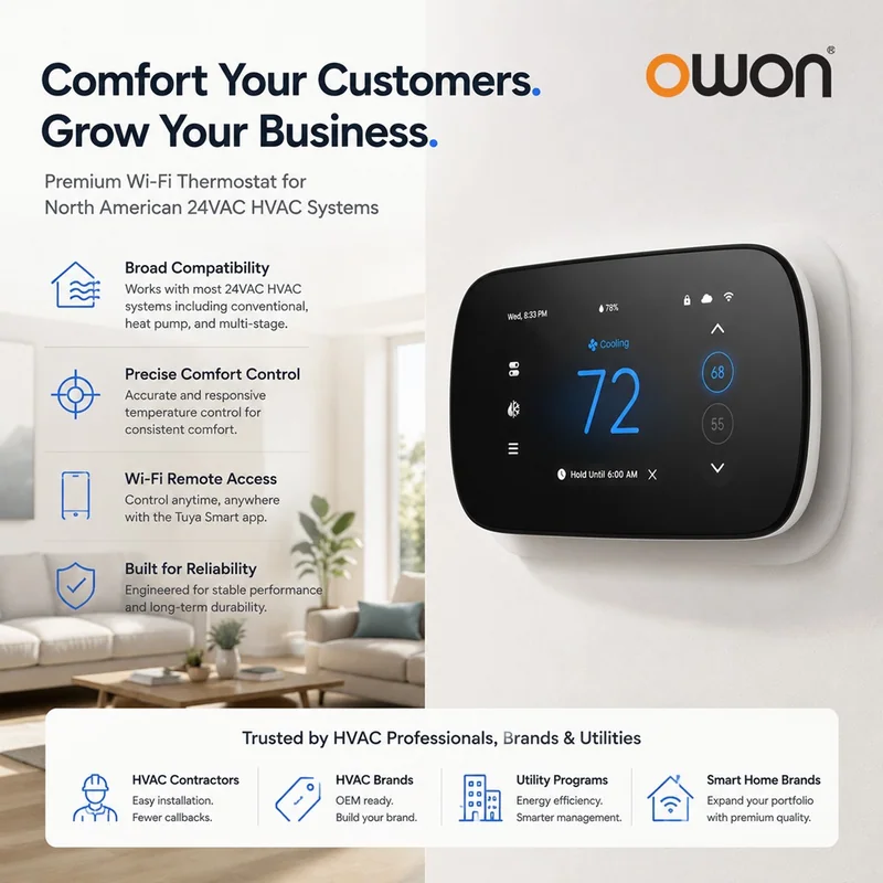 PCT533-W-TY infographic headlined Comfort Your Customers. Grow Your Business. with the thermostat on a wall
