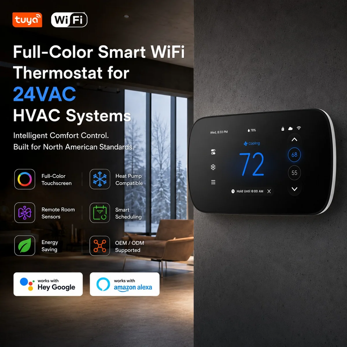 PCT533-W-TY infographic titled Full-Color Smart WiFi Thermostat for 24VAC HVAC Systems with feature icons