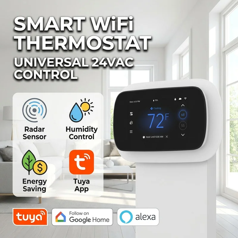 PCT533-W-TY promo graphic headlined SMART WiFi THERMOSTAT with Radar Sensor, Humidity Control and Tuya App badges