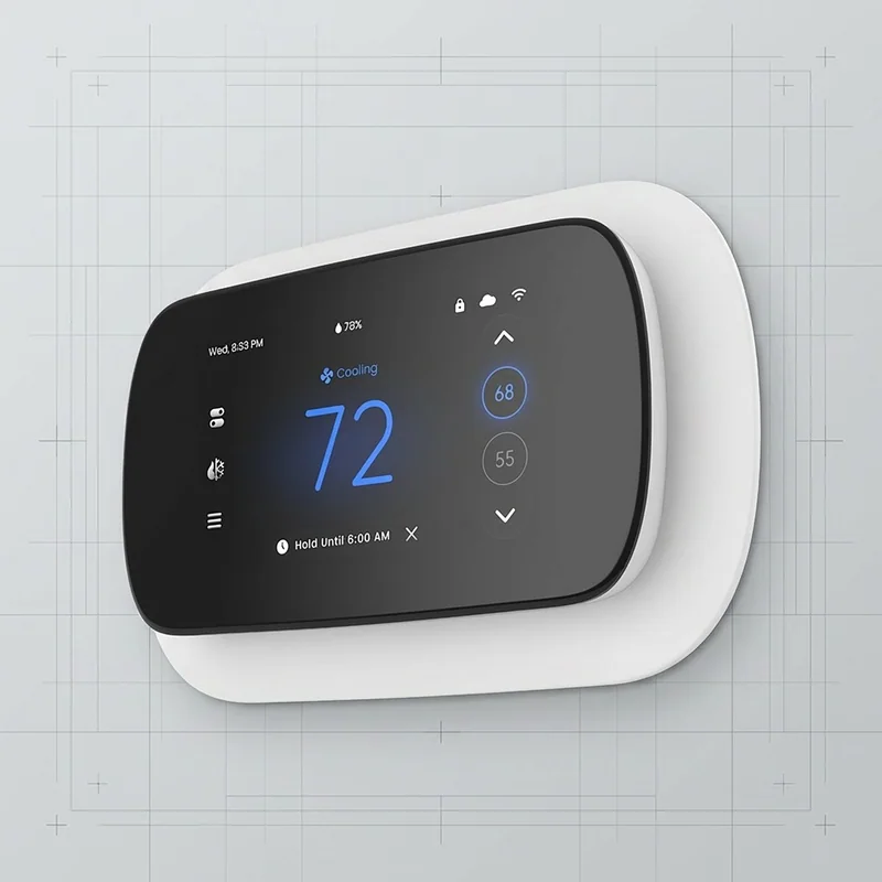 PCT533C-W-TY white thermostat angled on a pale drafting-grid backdrop, colour LCD showing 72 and Cooling