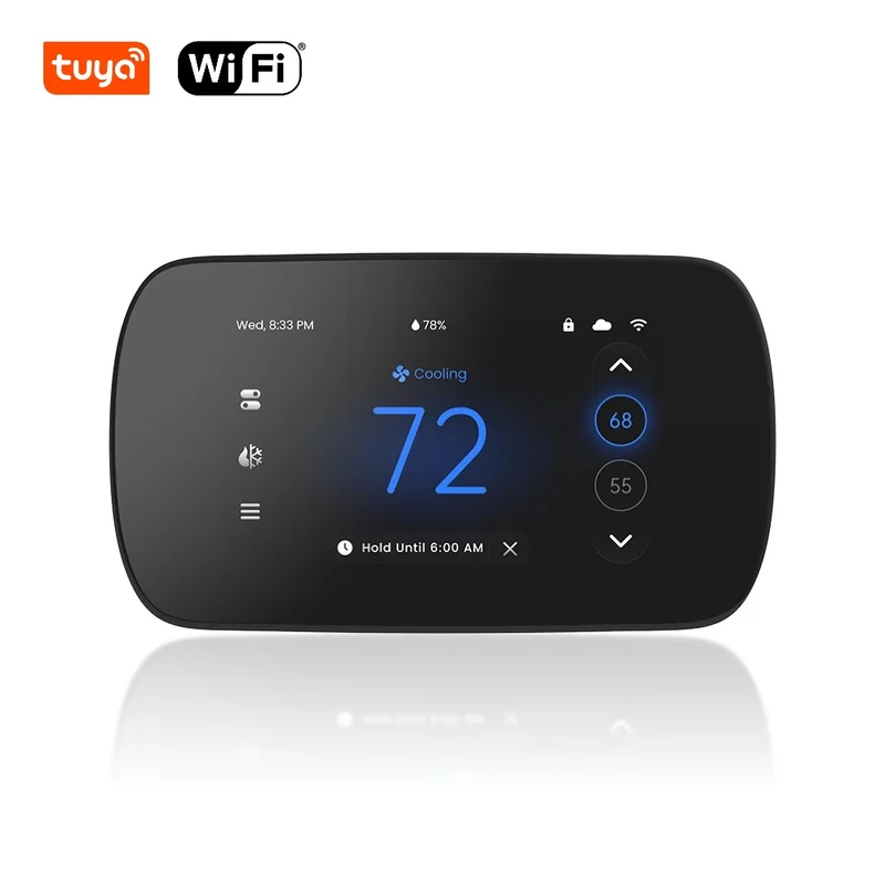 PCT533C-W-TY black thermostat on a white reflective surface under Tuya and Wi-Fi logos, LCD set to 72