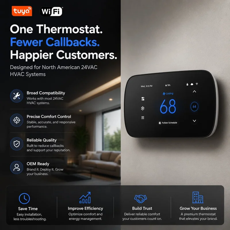 PCT533C-W-TY graphic headlined One Thermostat. Fewer Callbacks. Happier Customers. beside the wall thermostat