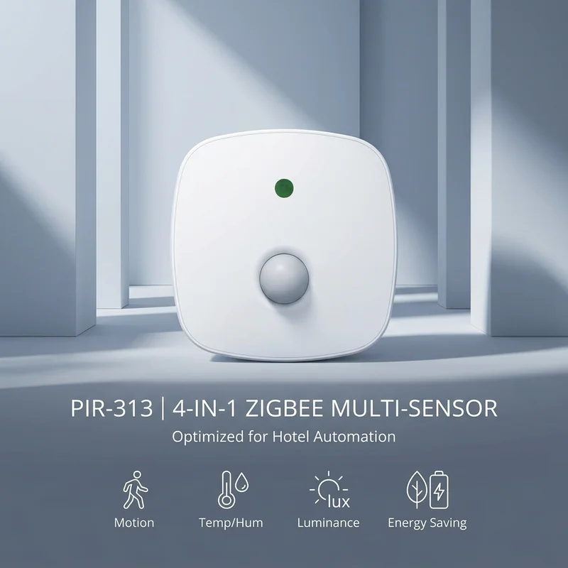 PIR-313 4-IN-1 ZigBee Multi-Sensor graphic with Motion, Temp/Hum, Luminance and Energy Saving icons