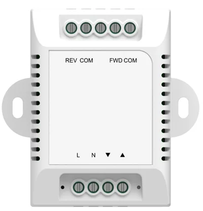 PR412 ZigBee curtain control module on white, terminal blocks labelled REV COM, FWD COM, L and N
