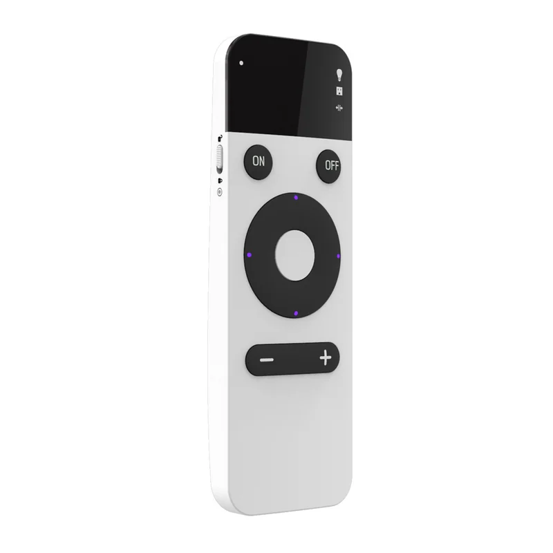 RC204 ZigBee mini remote at an angle on white, with ON and OFF buttons, a round D-pad and a plus-minus rocker