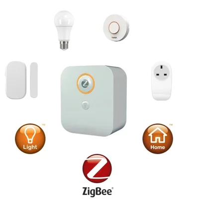 SEG-X3-C gateway centred among ZigBee accessories and Light and Home badges above the ZigBee wordmark