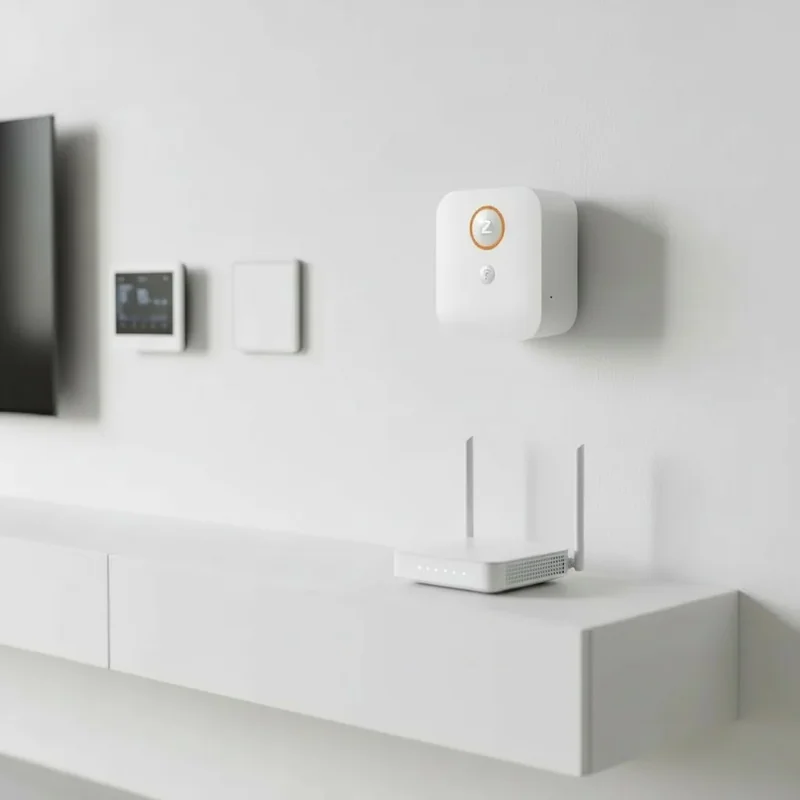 SEG-X3 gateway on a living room wall beside a TV and shelf, shown with a router and two wall panels