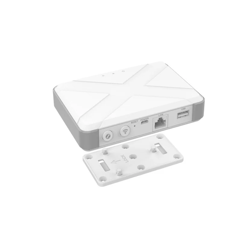SEG-X5 ZigBee gateway in white shown with its detached wall mounting plate, rear panel carrying LAN, USB and power ports