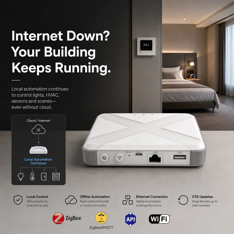 SEG-X5 gateway infographic headlined "Internet Down? Your Building Keeps Running." with a cloud outage diagram