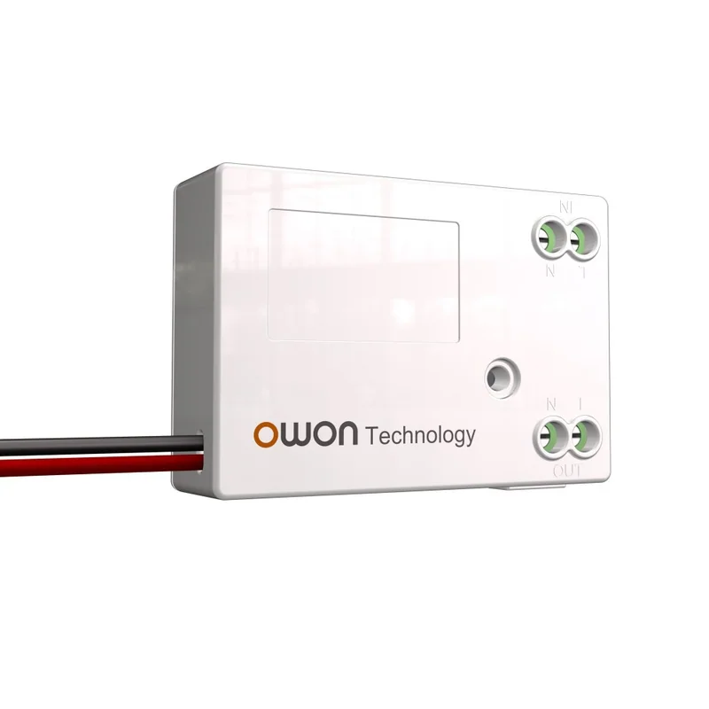 SLC601 ZigBee relay module in white with the owon Technology logo, green terminal screws and a black and a red wire attached