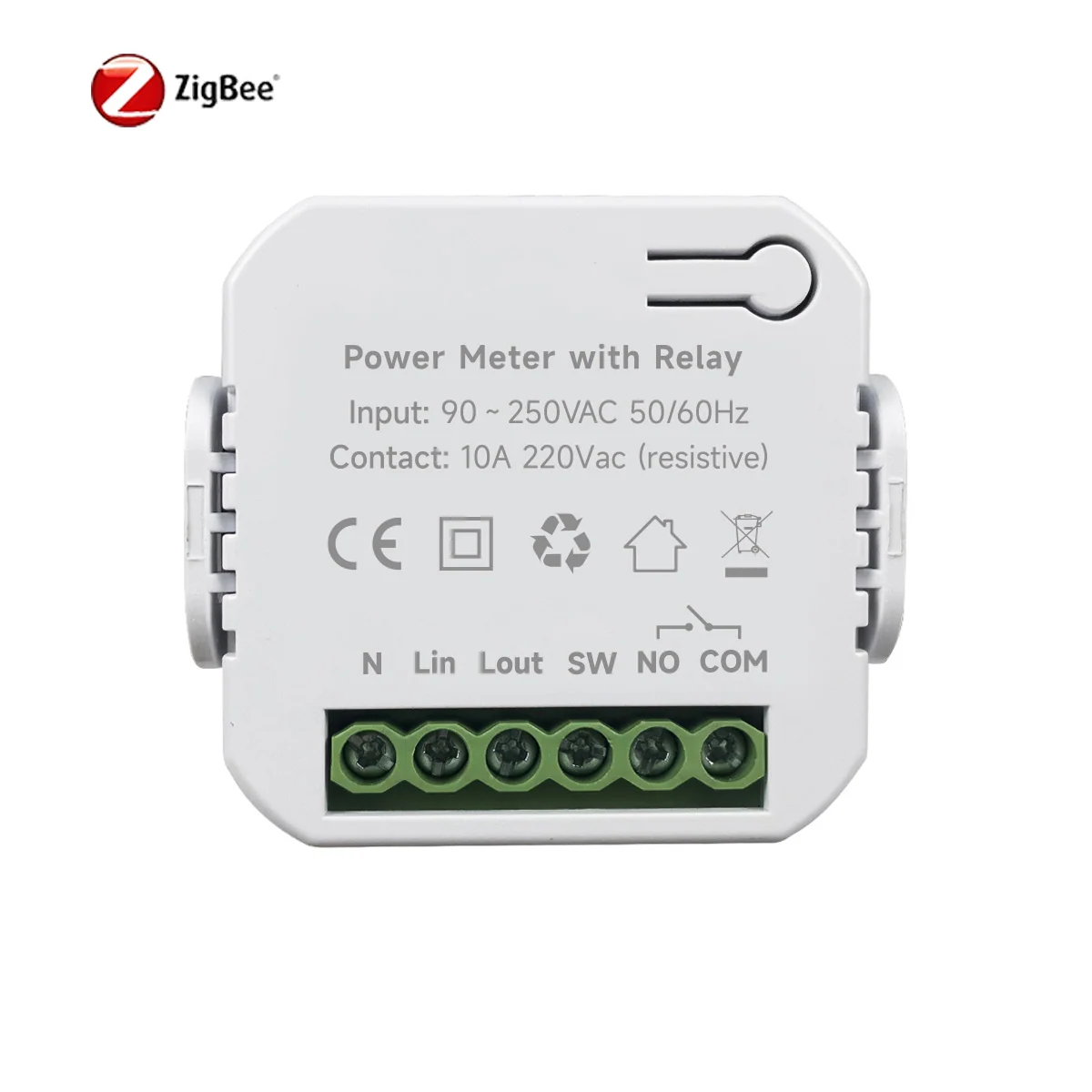 SLC611 in-wall ZigBee module in white plastic shown face on, with a printed wiring label and a six-screw green terminal strip