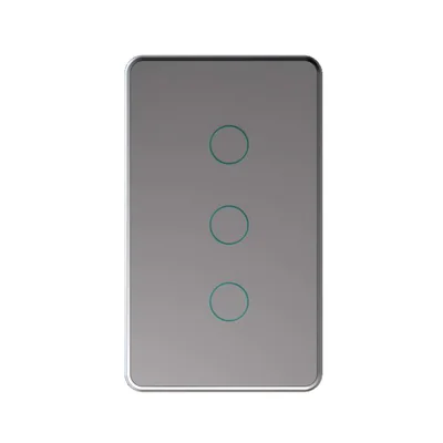 SLC627 in-wall touch switch, a tall grey US-style panel with three outlined round touch buttons in a vertical row