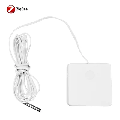 THS317 ZigBee sensor, a white square box with a coiled white cable and a metal probe tip, shown on a white background