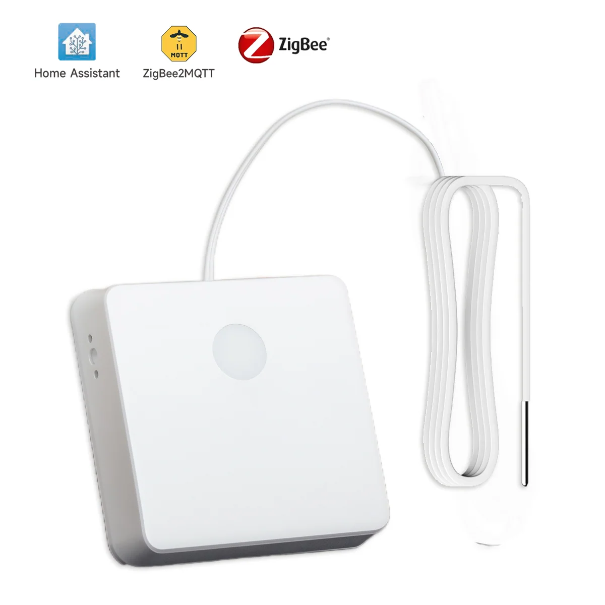 THS327-ET ZigBee temperature sensor with a metal probe on a coiled lead, shown with Home Assistant and ZigBee2MQTT badges