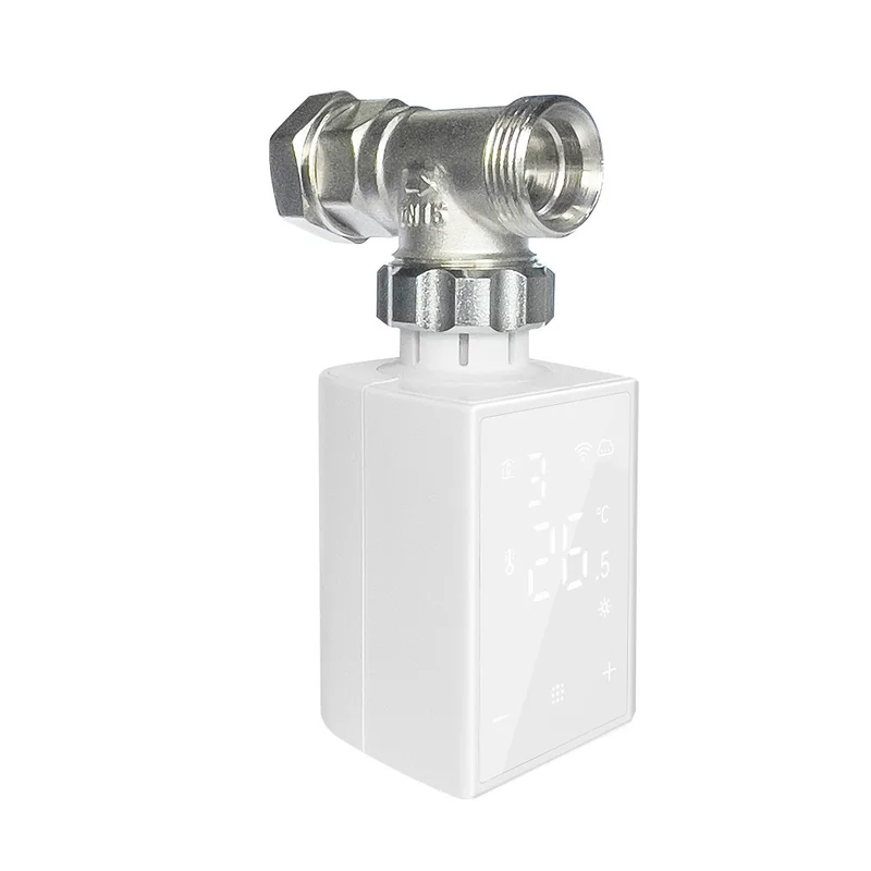 TRV527-Z smart radiator valve, a white body with a brass valve fitting above an LCD showing 26.5 C, on a white background