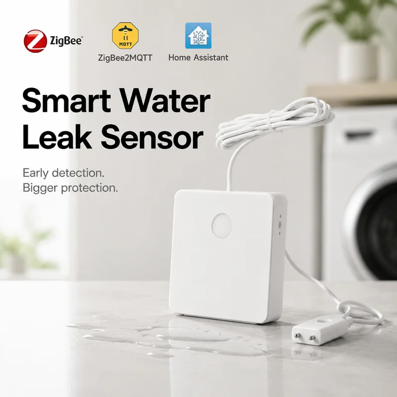 WLS316 water leak sensor infographic headlined "Smart Water Leak Sensor", white sensor and probe standing in a puddle