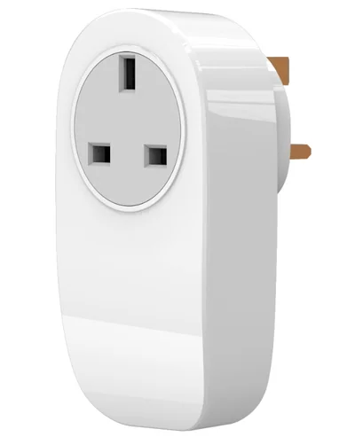 WSP403 smart plug photographed on a white background, with a UK three-pin socket face and brass pins on the back
