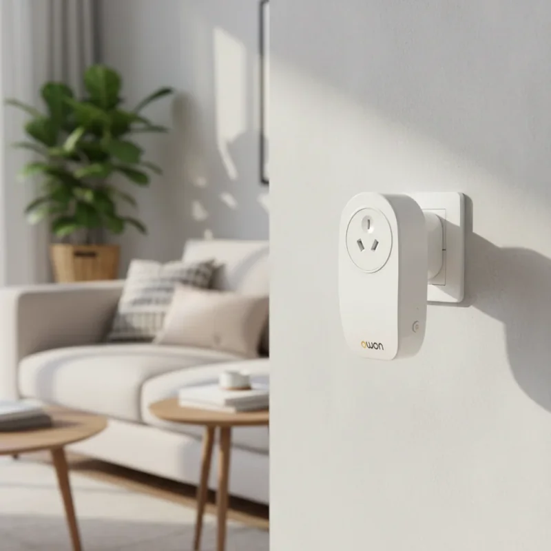 WSP403 ZigBee smart plug, a white oval plug inserted in a wall socket in a living room with a sofa and a plant behind