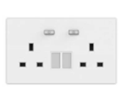 WSP406-UK in-wall smart socket, a white UK double socket faceplate with two switched outlets on a white background