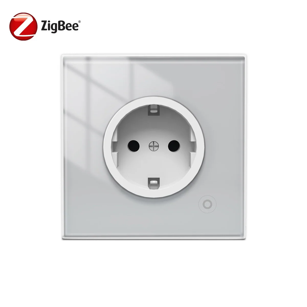 WSP406-Z-TY ZigBee wall socket, a square glass plate with a round Schuko outlet, a small button and the ZigBee logo