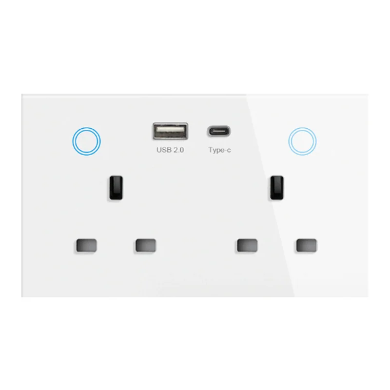 White WSP406UK-Z-TY/2G UK wall socket with twin sockets, blue touch rings and USB-A plus Type-C ports