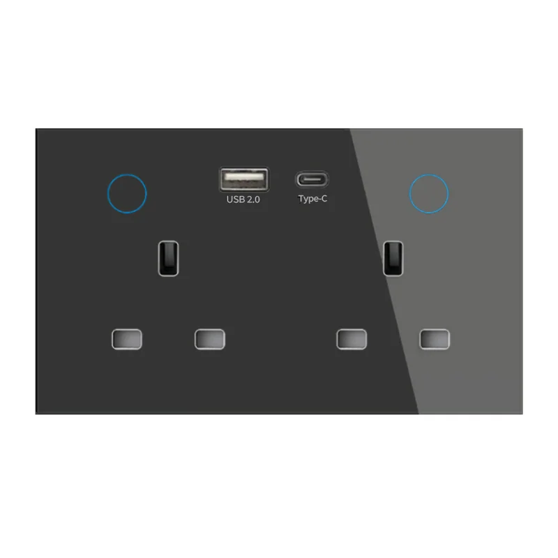 Grey WSP406UK-Z-TY/2G UK wall socket with twin 16A outlets and USB-A and Type-C ports in the centre