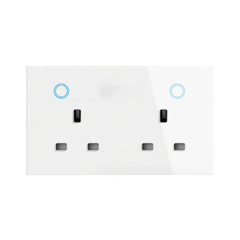 White WSP406UK-Z-TY/2G UK socket without USB, showing two blue touch control rings on a white glass panel