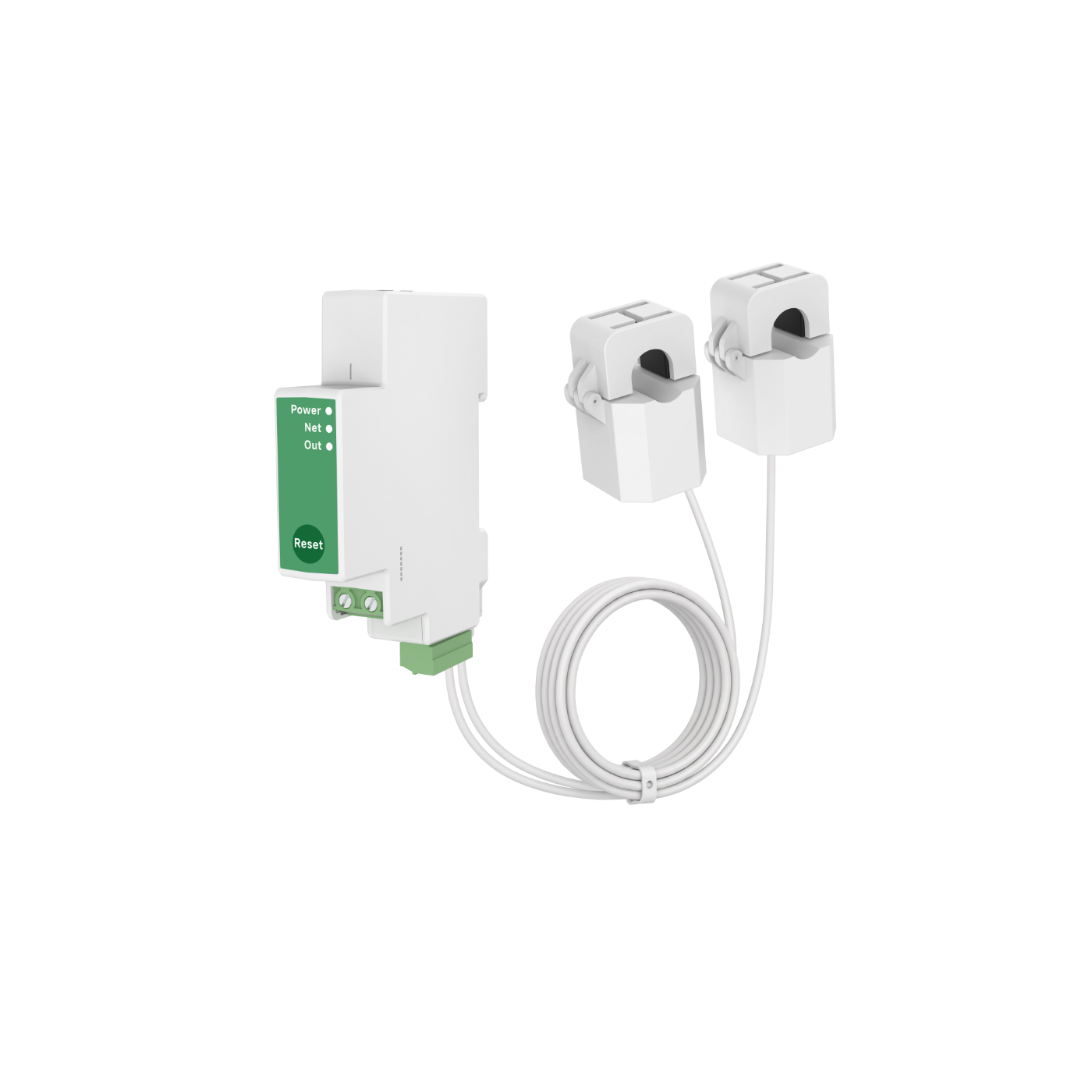 UniClip Pro PC4711-W-E-TY/R single-phase energy meter, white body with Ethernet port and two open-type CT clamps